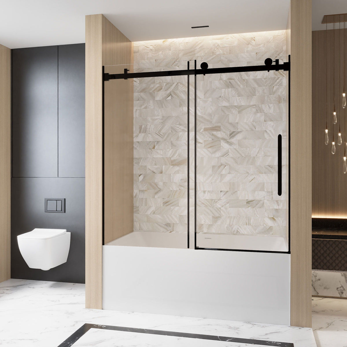 Frameless Single Sliding Shower Door with Square Tube Track - Black