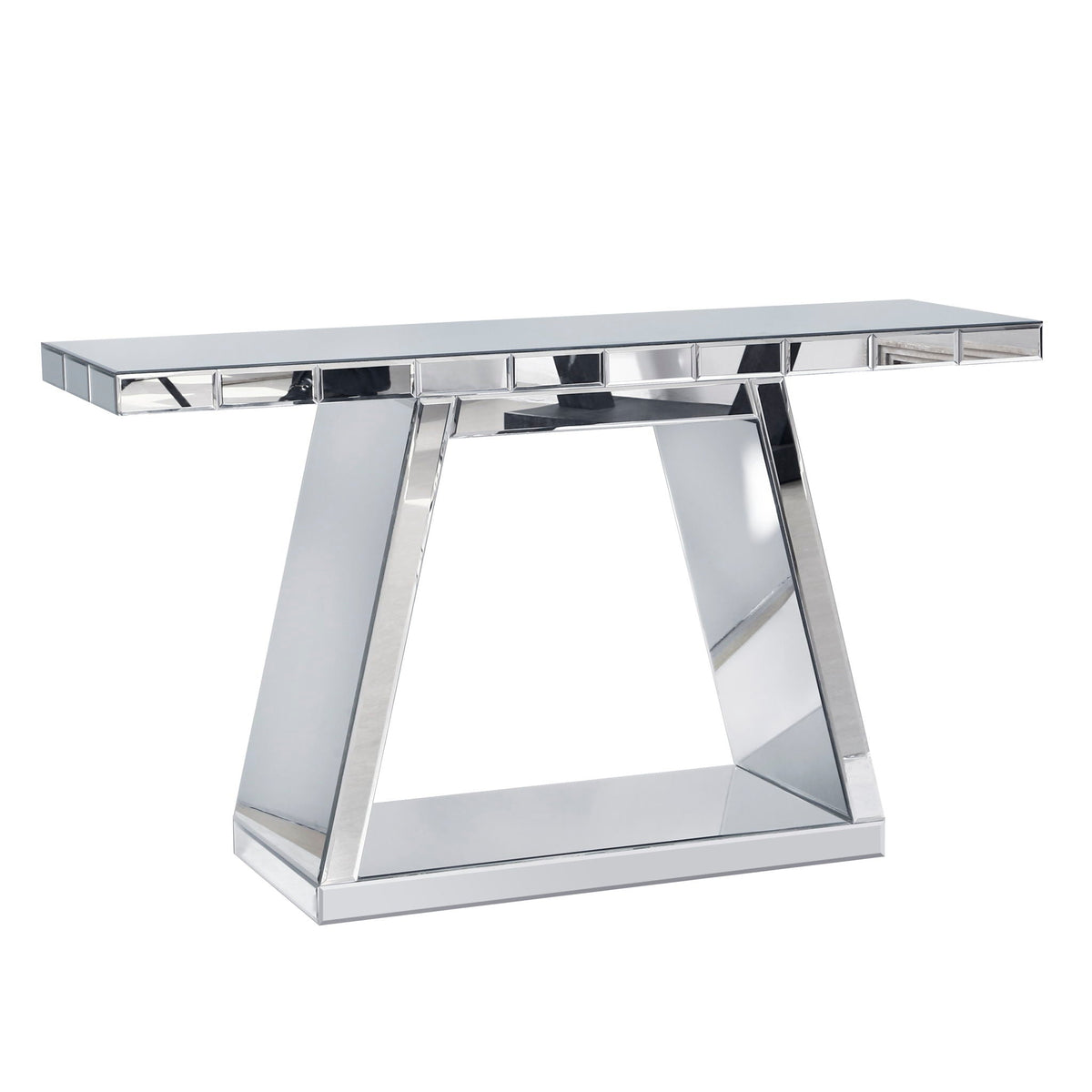 Full Body Mirror Console Table with 360° Reflective Surface and Trapezoid Base - Silver