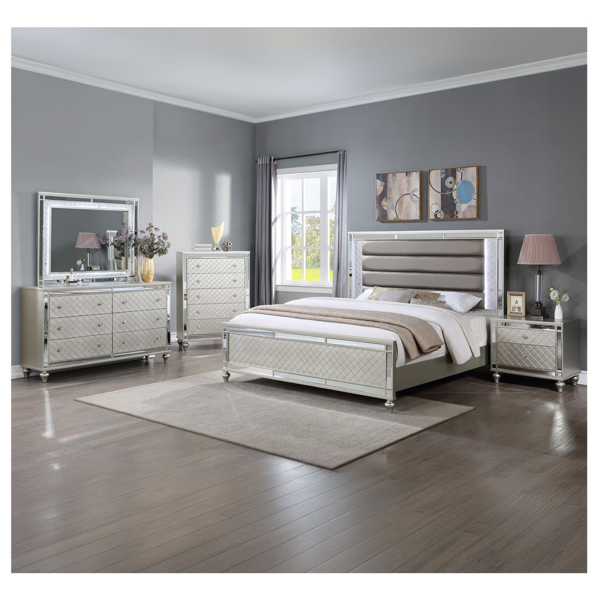 2 Drawer Nightstand with Diamond Patterned Fronts - Silver