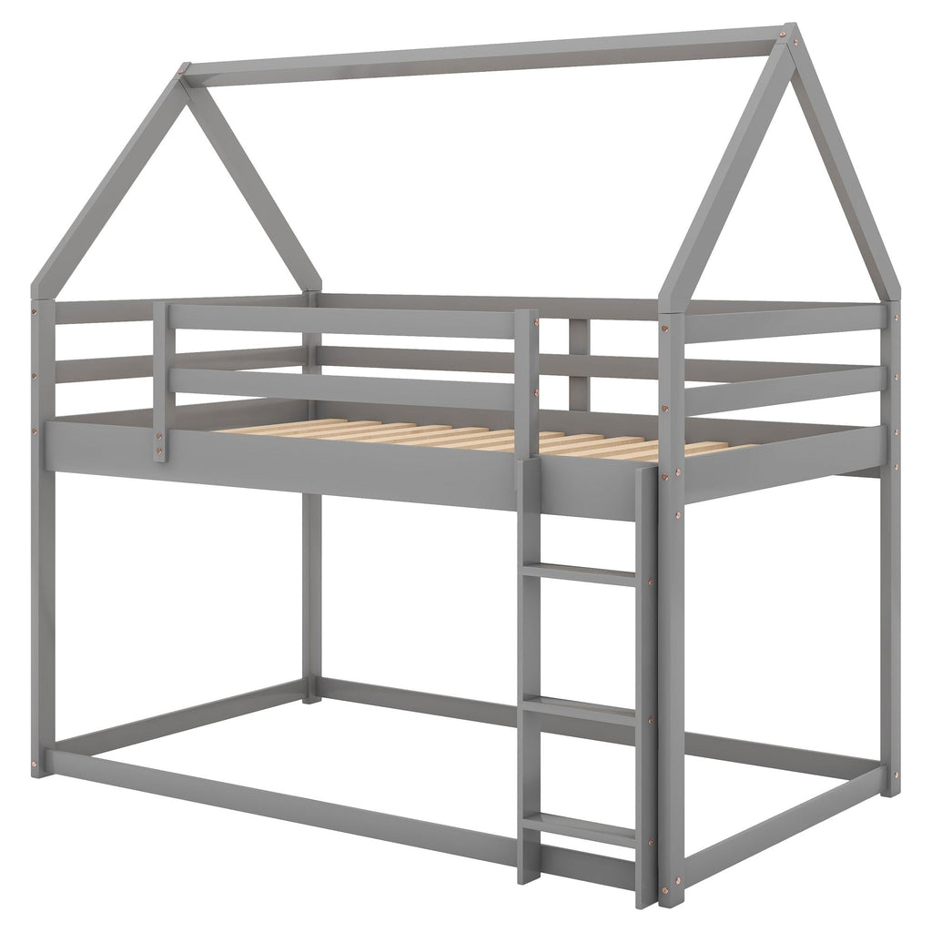Low Bunk Bed With House Shaped Frame and Ladder - Twin Over Twin