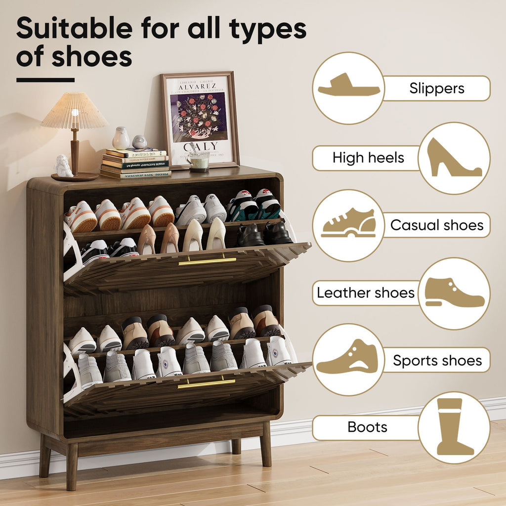 Freestanding Shoe Cabinet with Flip Top Drawers - Walnut