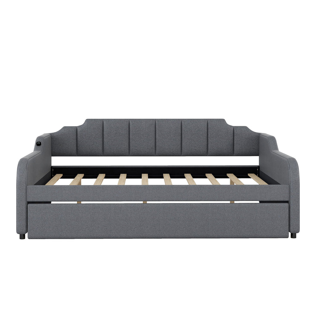Full Size Upholstered Daybed with Trundle and USB Charging - Gray