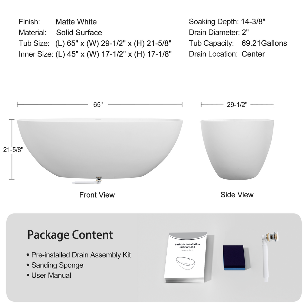 65" Freestanding Solid Surface Bathtub with Pop-Up Drain - Matte White