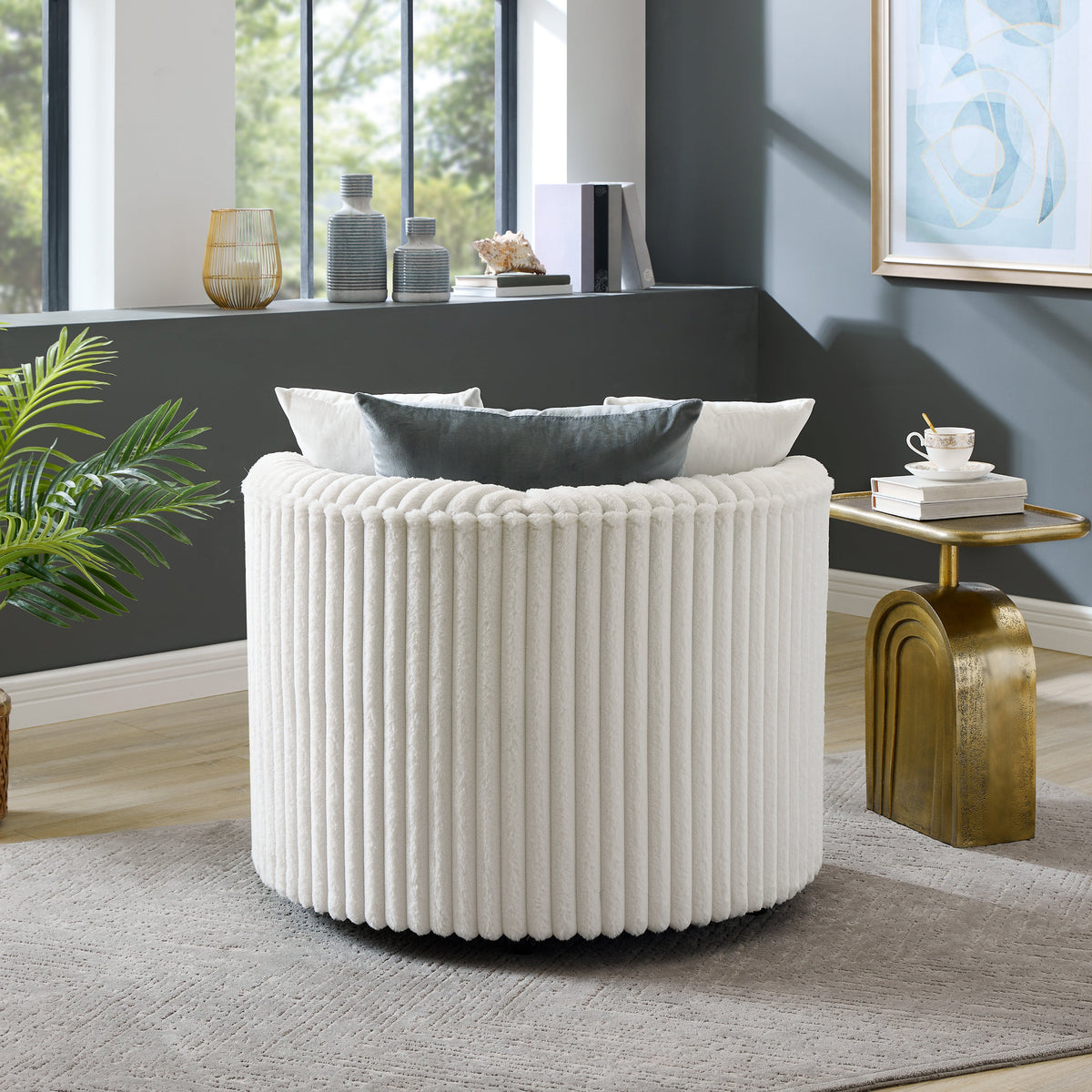 Malna Plush Wide Wale Corduroy Upholstered Barrel Accent Chair with Wheels - Off-White