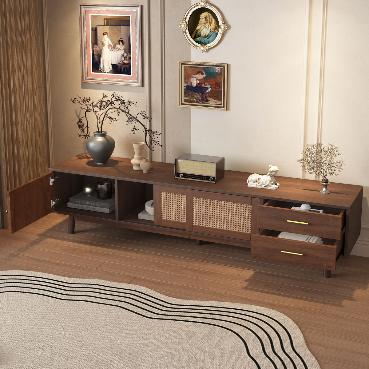 TV Stand for 80" TVs with Sliding Doors and Drawers - Dark Brown