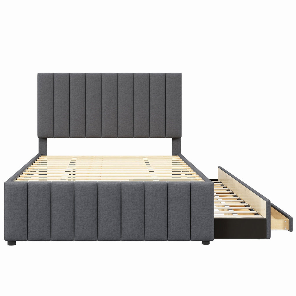 Upholstered Platform Bed with Twin Size Trundle and 3 Drawers - Beige, Full