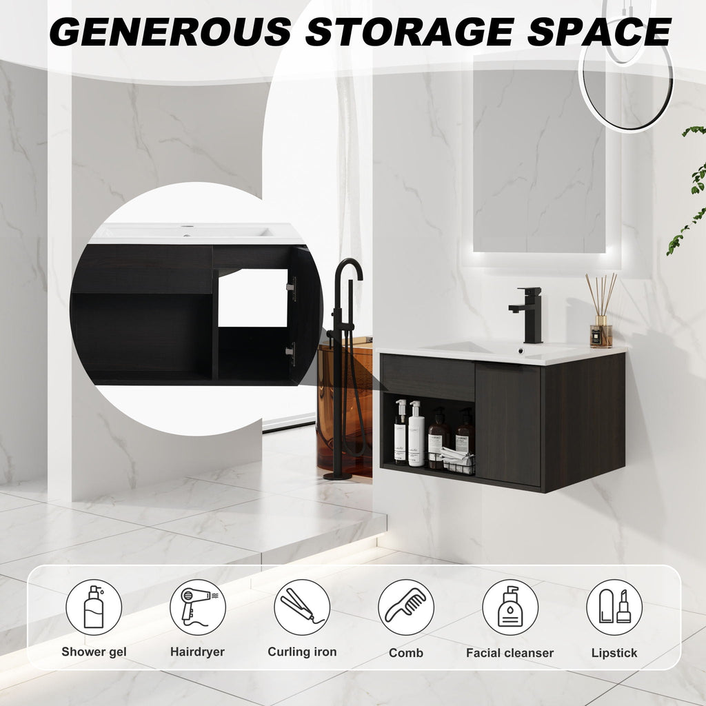 Wall Mounted Floating Bathroom Vanity with Open Shelf & Soft Close Door - Dark Brown