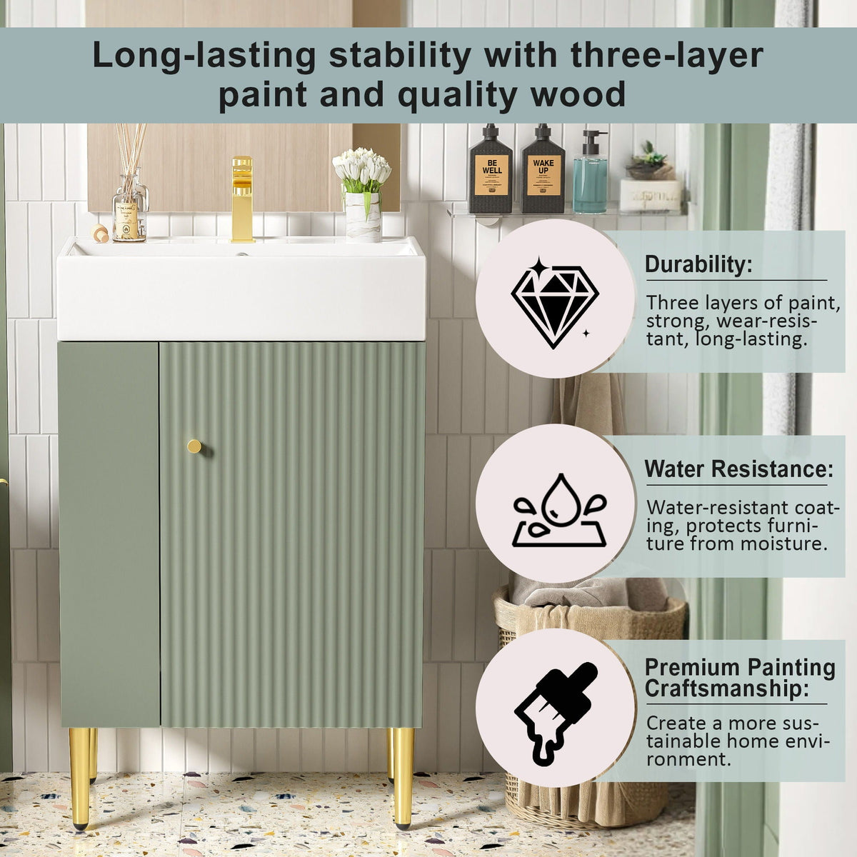 Bathroom Vanity with Single Ceramic Sink and Side Storage - Multiple Colors