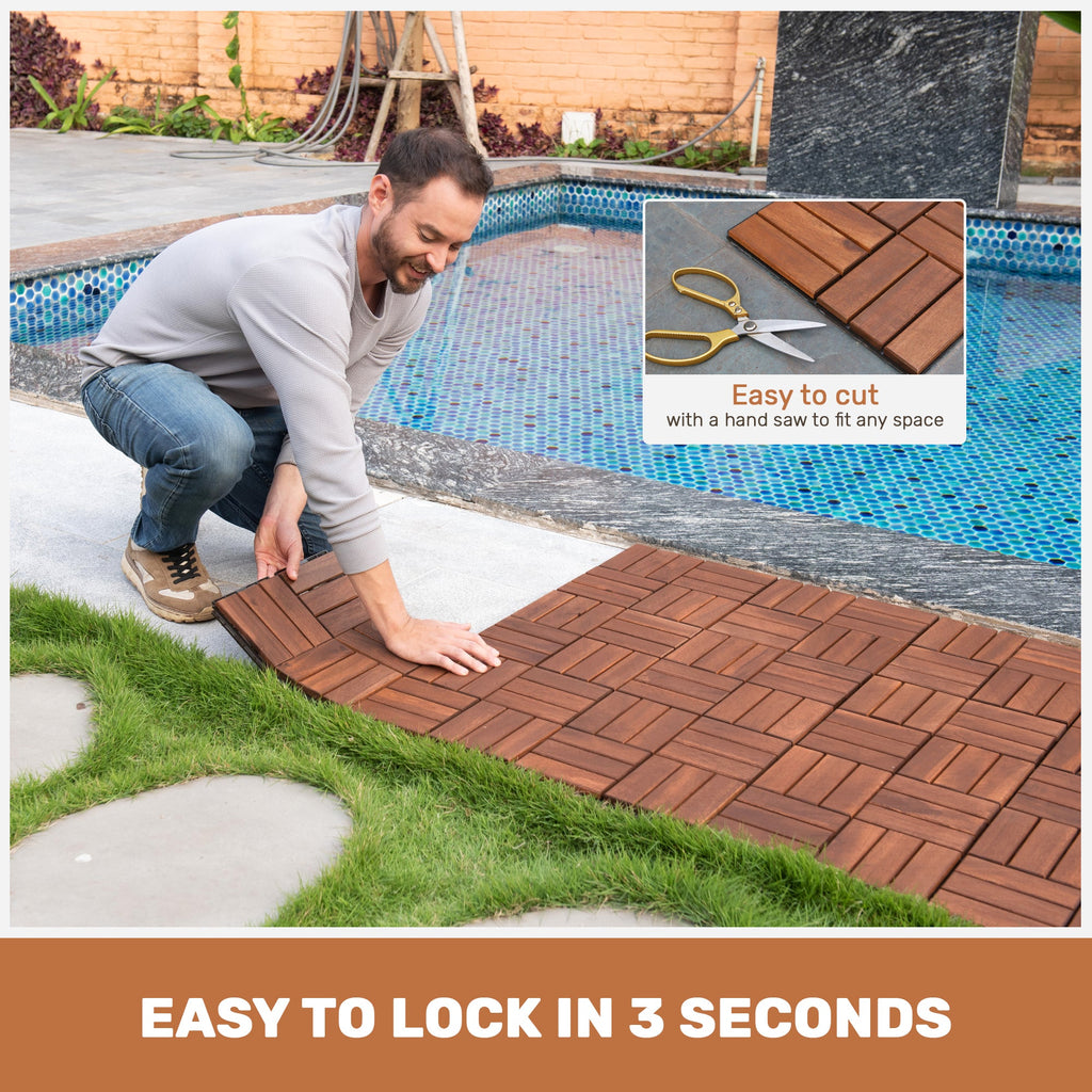 Acacia Wood Interlocking Deck Tiles with Checker Pattern - 20-Piece Set