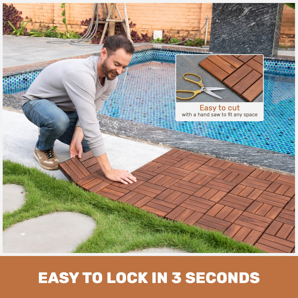 Acacia Wood Interlocking Deck Tiles with Checker Pattern - 20-Piece Set