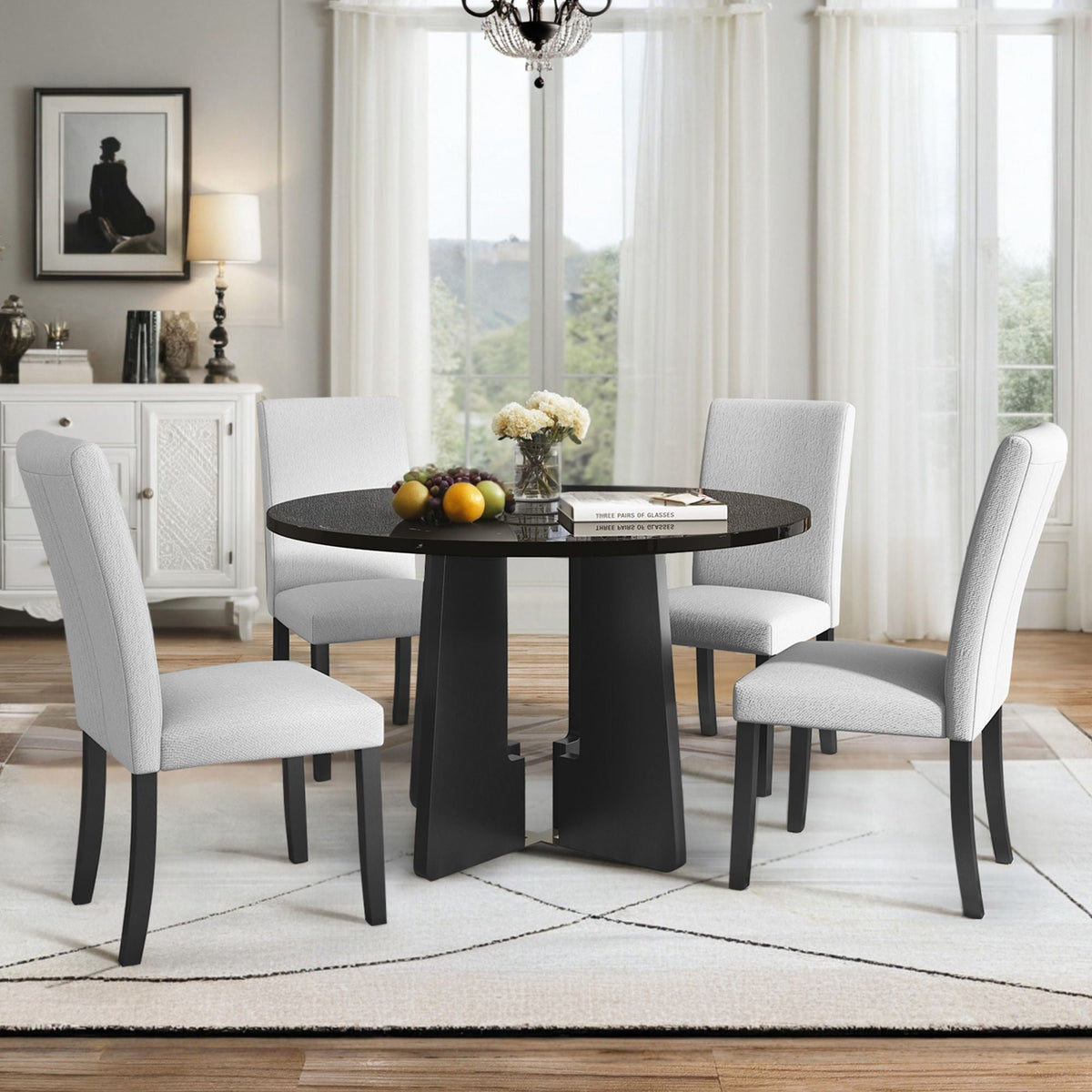5 Piece Round Dining Table Set with Upholstered Chairs - Black or White