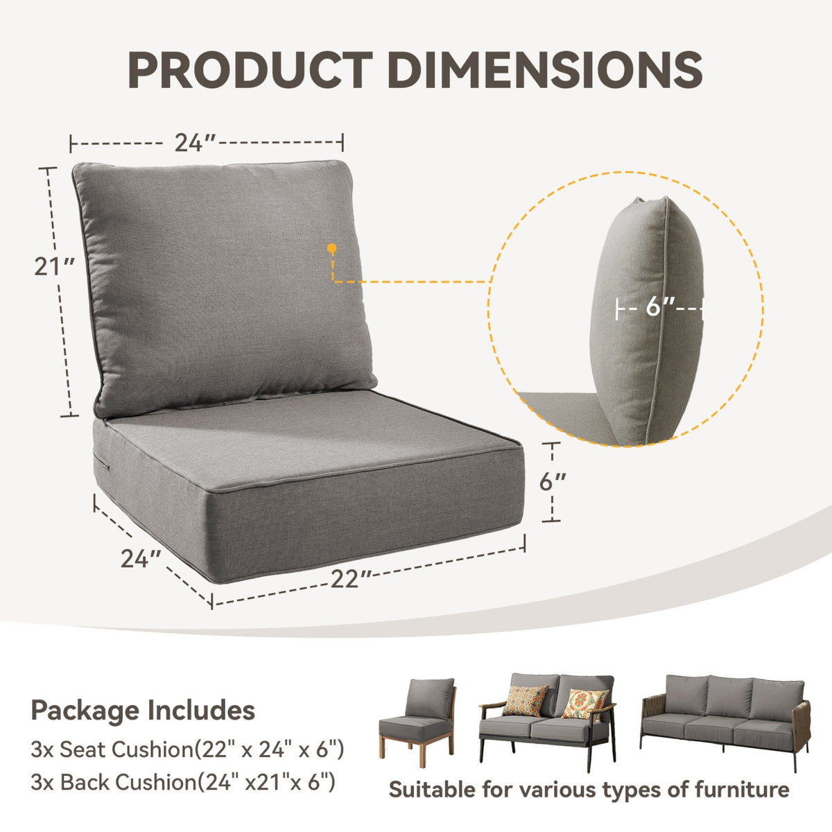6" Thick Outdoor Chair Cushion Set with Removable Covers - Gray
