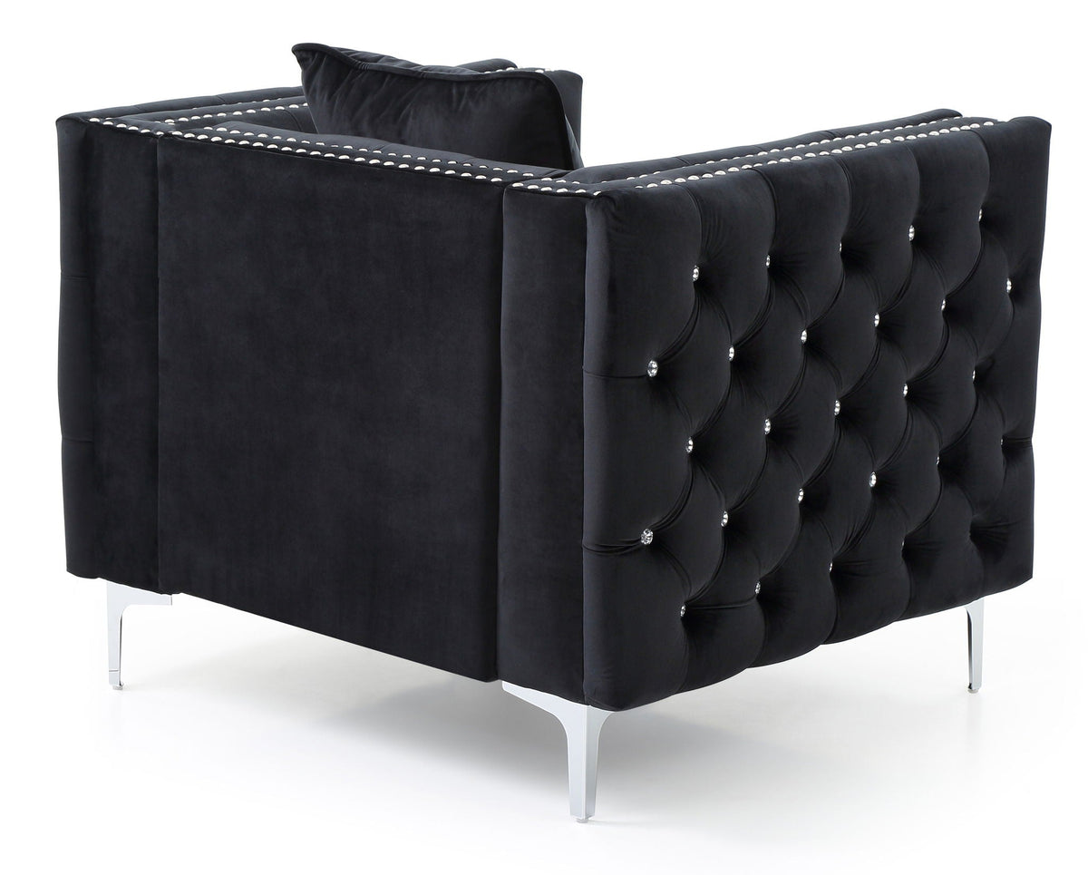 Tufted Design Arm Chair with Faux Diamond Buttons - Black or Blue