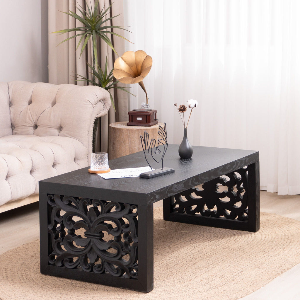 Rustic Carved Wood Coffee Table with Handcrafted Look - Light Brown or Black