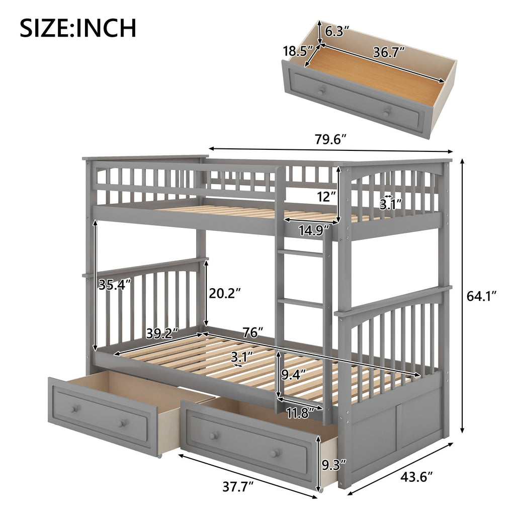 Twin Over Twin Bunk Bed with Drawers - Convertible, Solid Pine Wood - White or Dark Gray