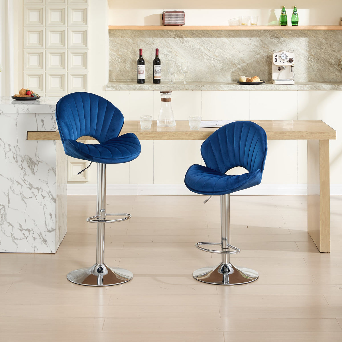 Adjustable Bar Stools Set of 2 with Back and Footrest - Navy