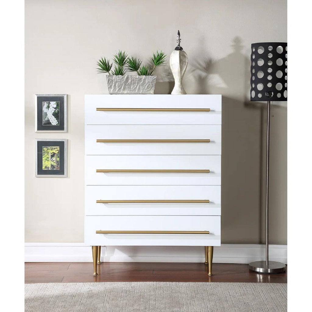 Contemporary 5 Drawer Chest with Brushed Metal Accents - White or Black