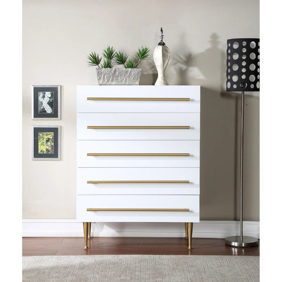Contemporary 5 Drawer Chest with Brushed Metal Accents - White or Black