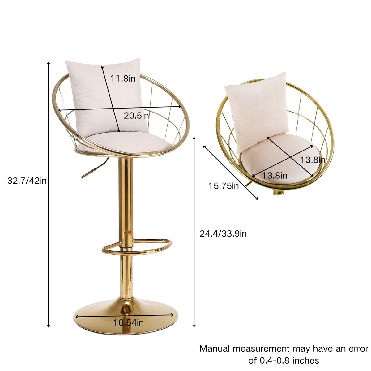 Adjustable Velvet Bar Stool Set with 360° Rotation - Multiple Colors