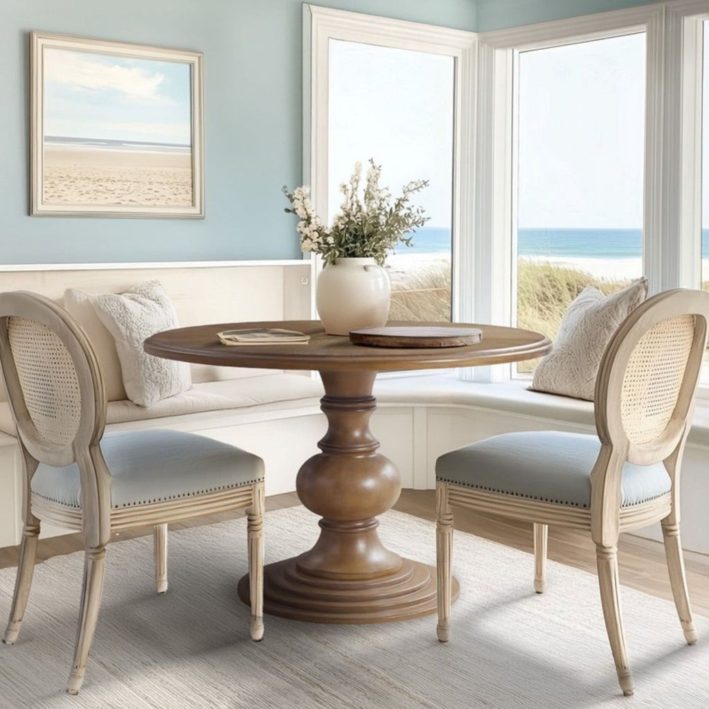 Walnut Round Pedestal Dining Table with Diamond Veneer Top