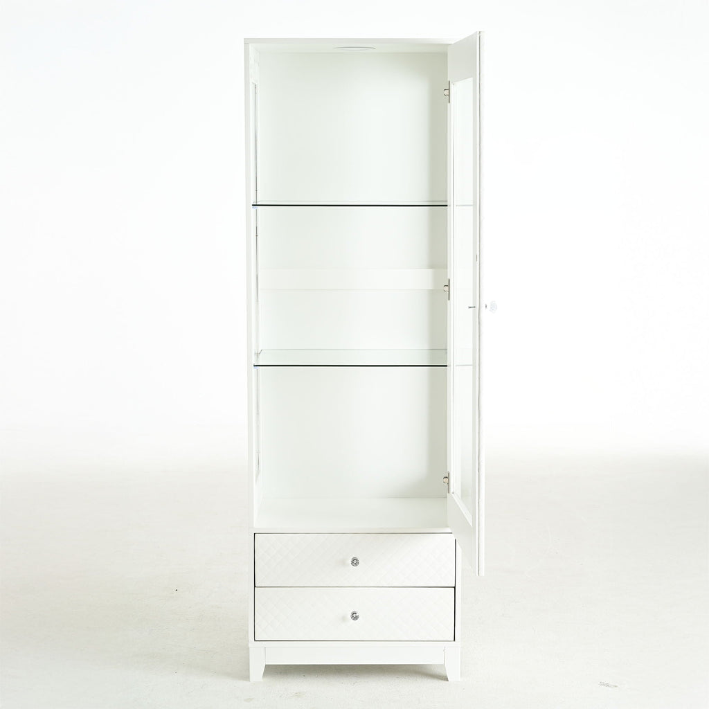 Modern Upholstered Glass Display Cabinet with Adjustable LED Light - White