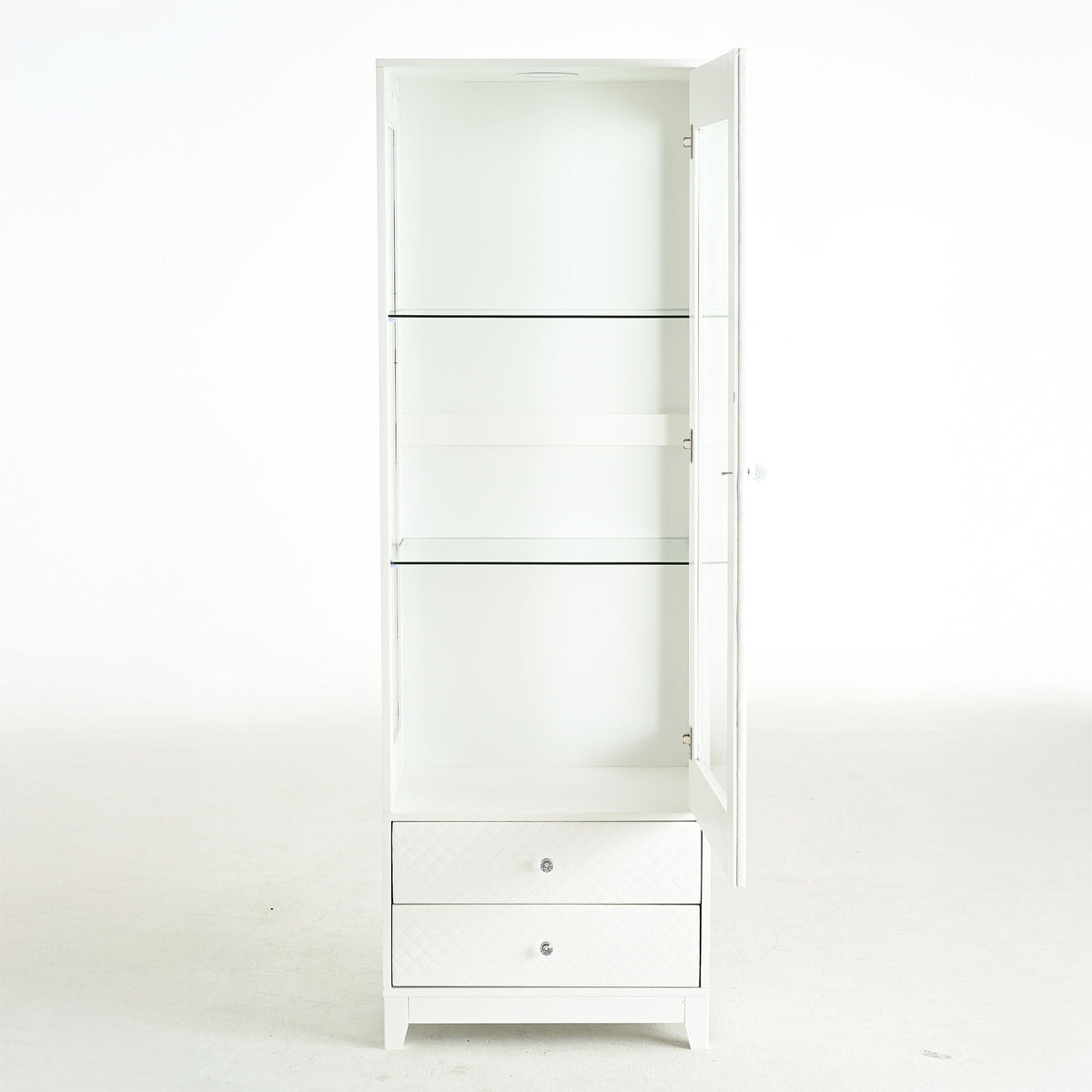 Modern Upholstered Glass Display Cabinet with Adjustable LED Light - White