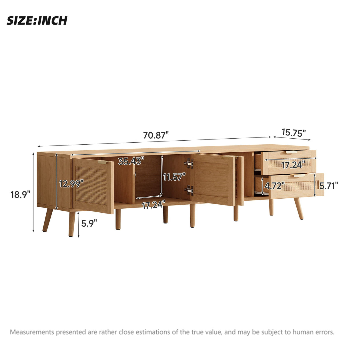 Natural Wood TV Stand with Cable Management and Drawers