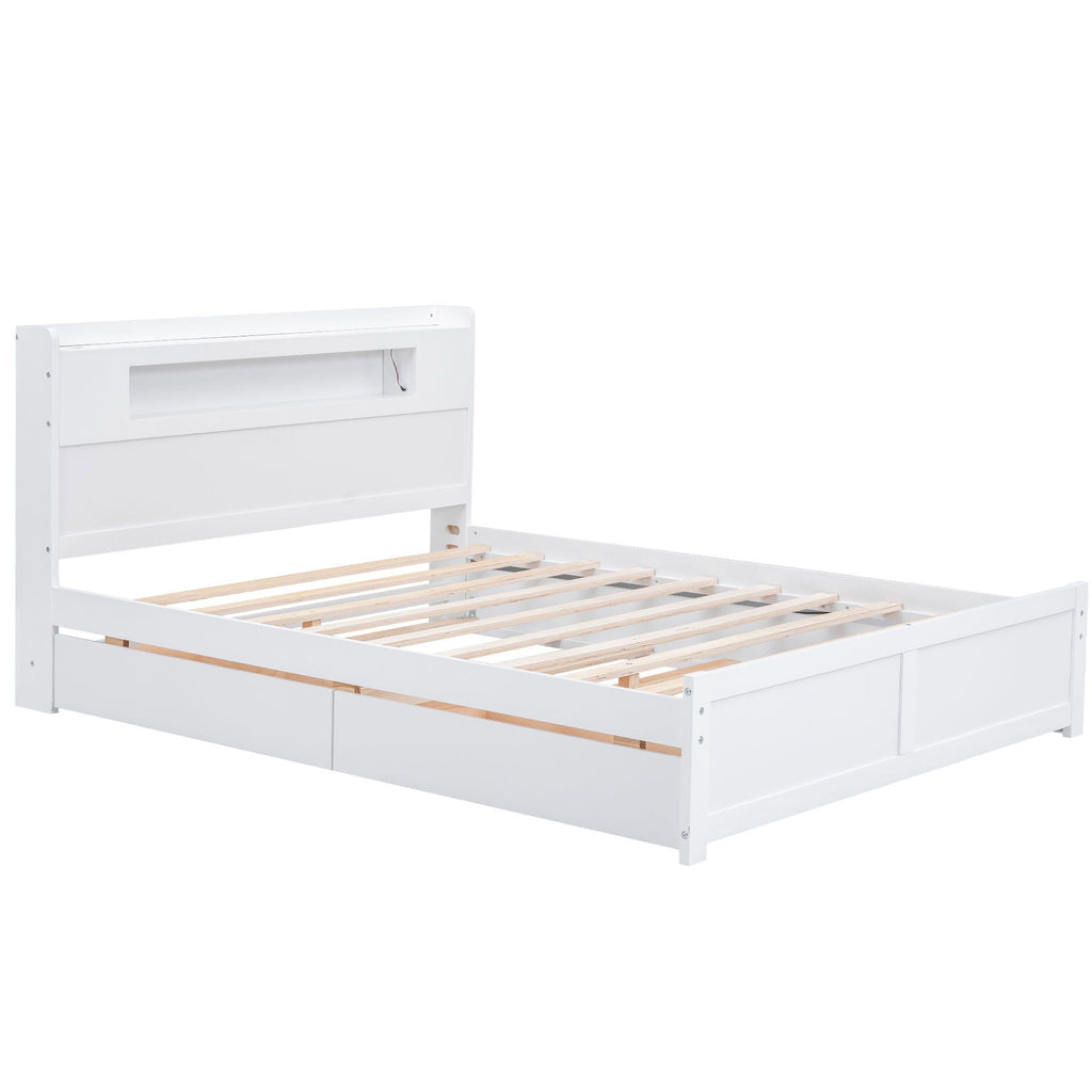 Storage Platform Bed with LED Lights, 2 Drawers and Trundle - Queen