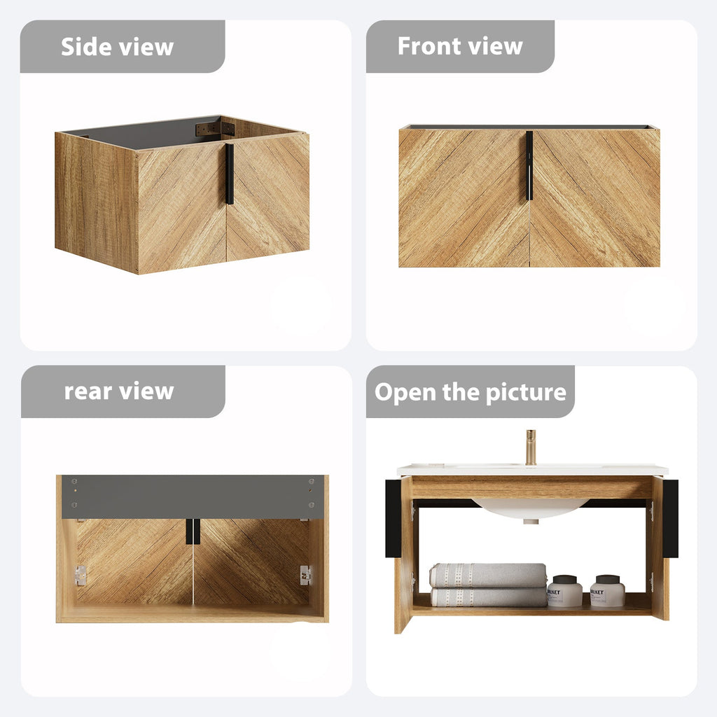 36 Inch Wall-Mounted Bathroom Vanity with 3D Fluted Panel & Ceramic Sink - Golden Oak