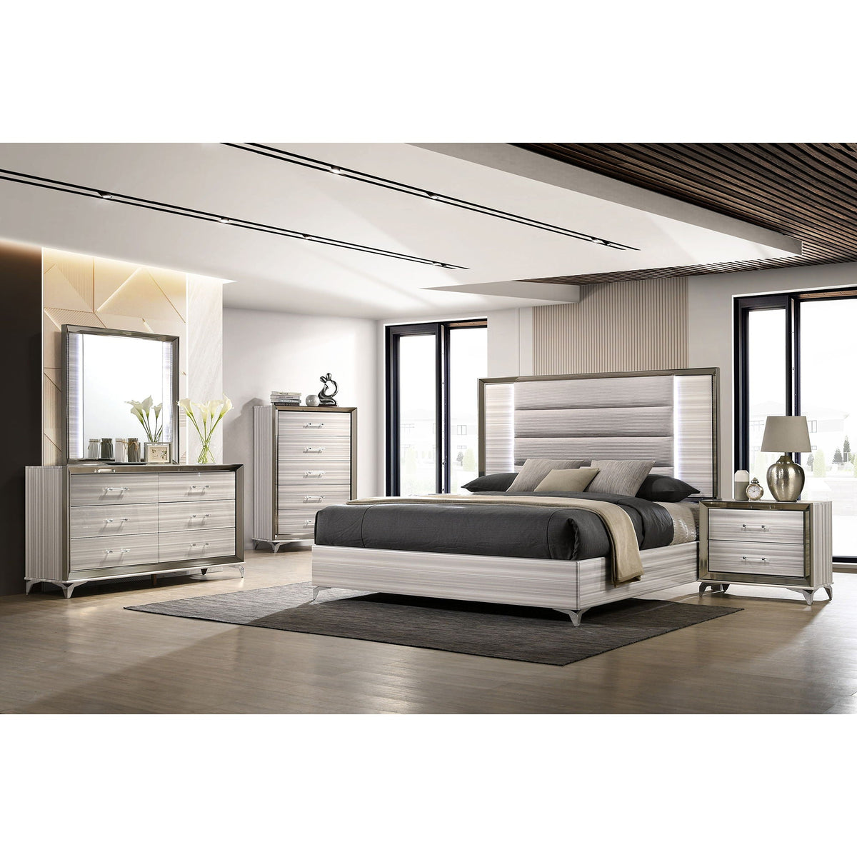 White Dresser with Built-In LED Lighting and Chrome Accents
