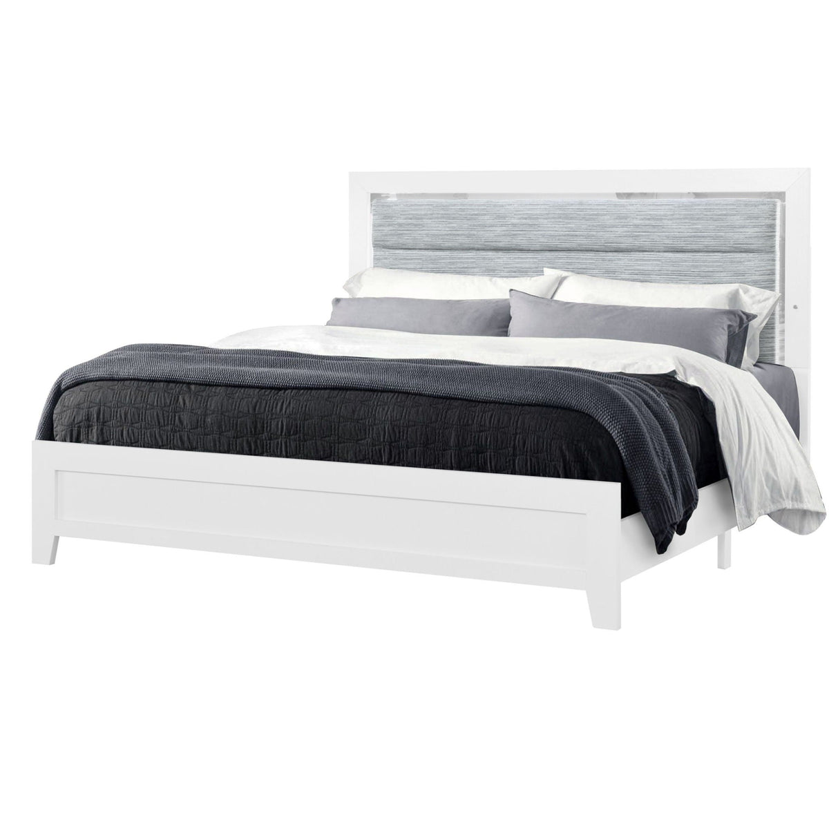 White Platform Bed with LED Accent Lighting - Upholstered Headboard