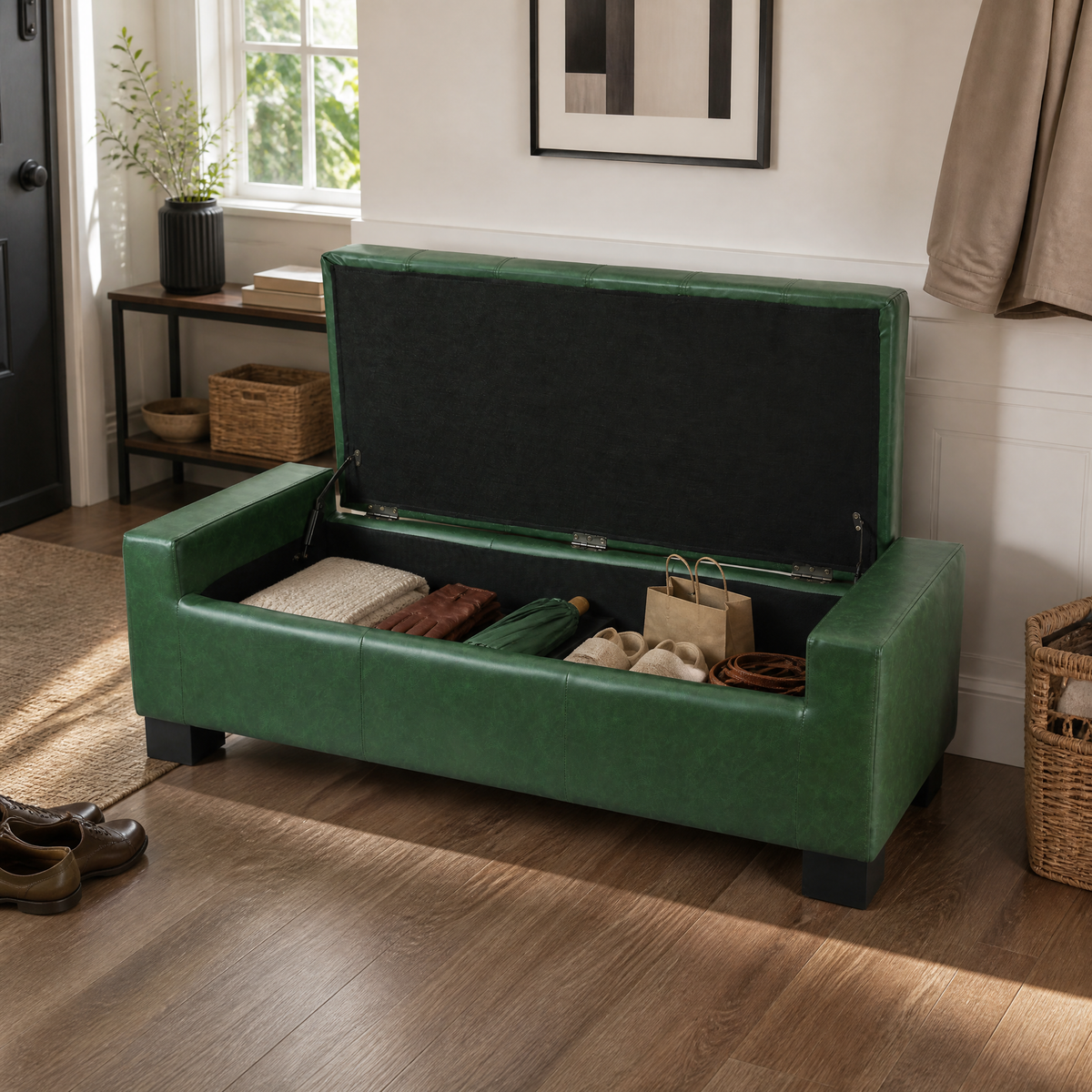 Green Storage Ottoman Bench with Solid Wood Legs - Green