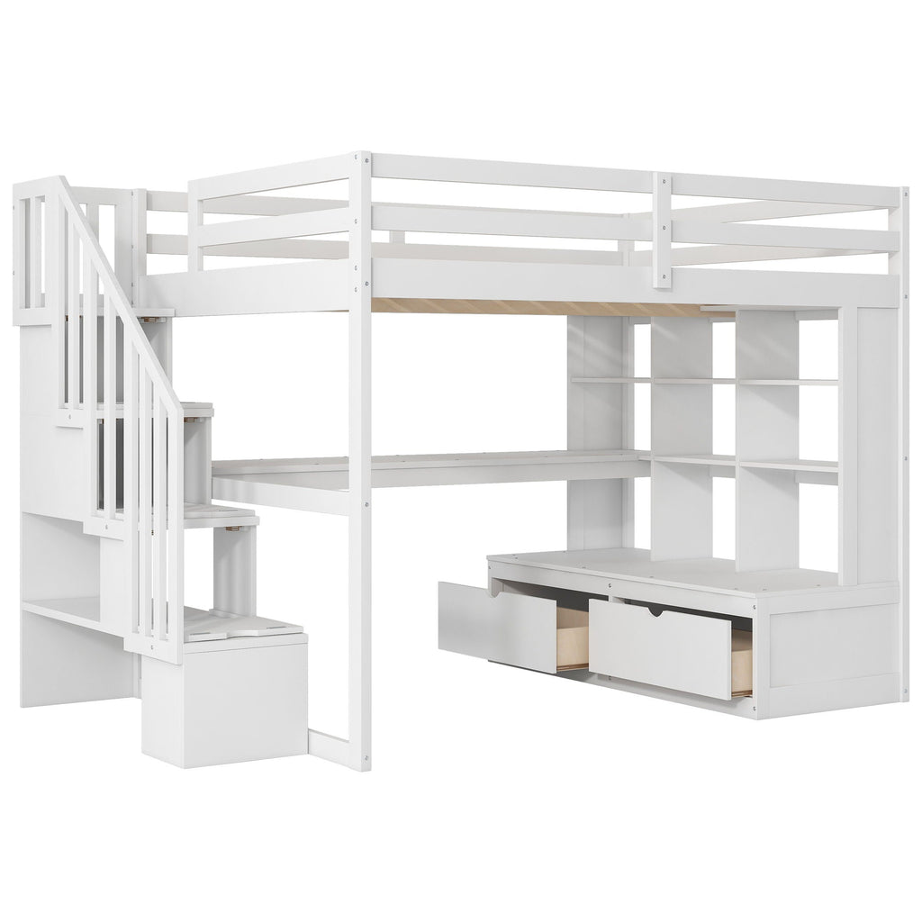 Full Size Loft Bed with Desk, Drawers & Storage Staircase - White