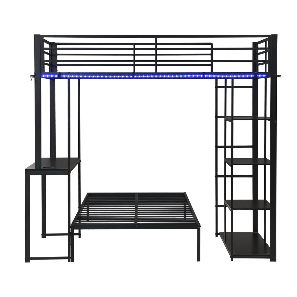 Metal Loft Bed Frame with LED Light Strip, Desk & Storage Shelves - Twin Size