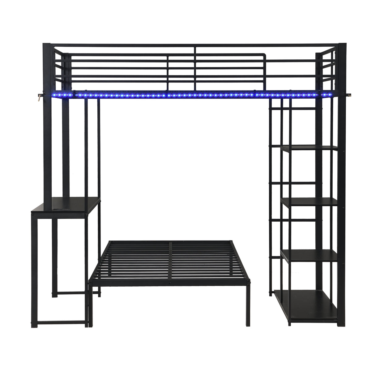 Metal Loft Bed Frame with LED Light Strip, Desk & Storage Shelves - Twin Size