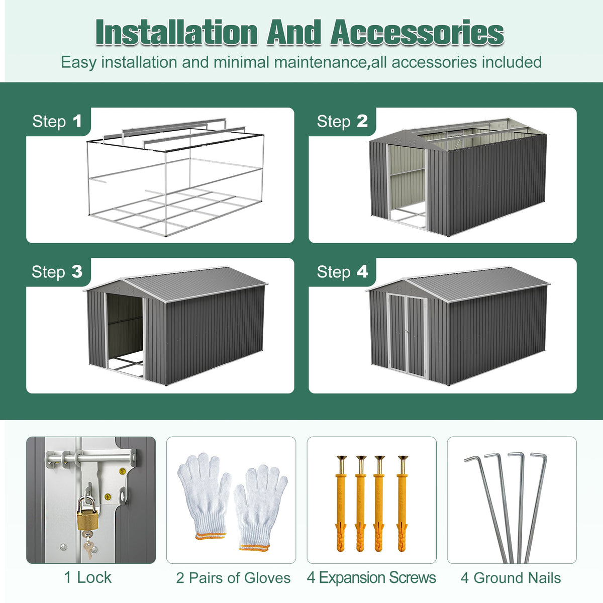 Lockable Metal Shed 8x12 FT with Aluminum Frame - Gray