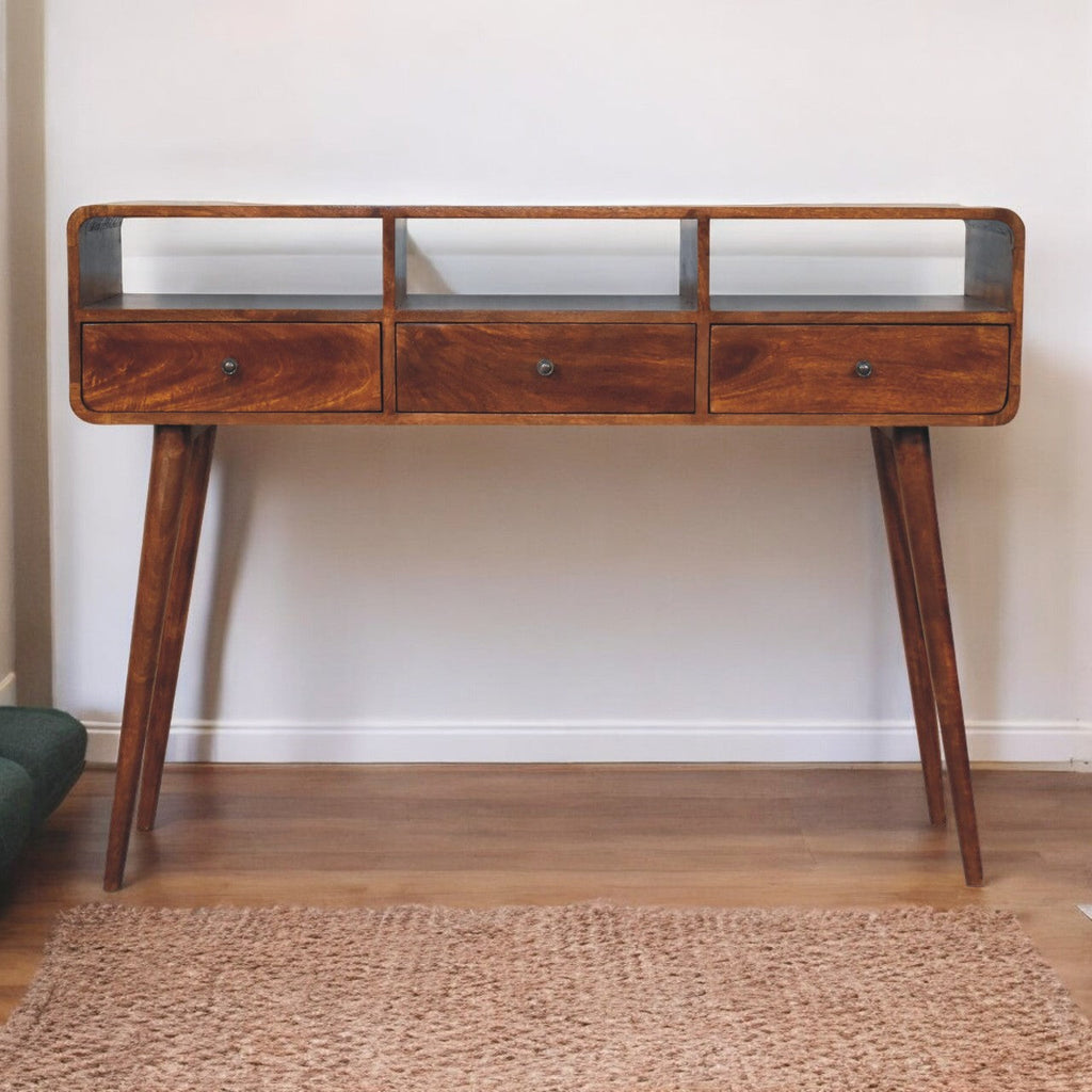 Solid Wood Triple Curved Console Table with Storage - Chestnut