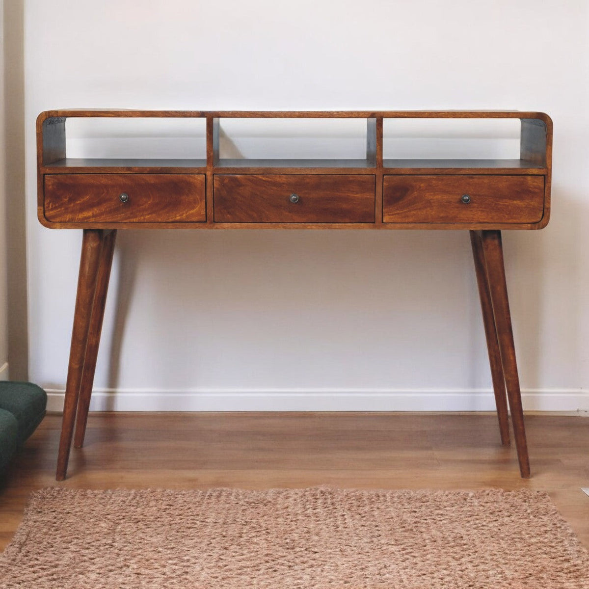 Solid Wood Triple Curved Console Table with Storage - Chestnut