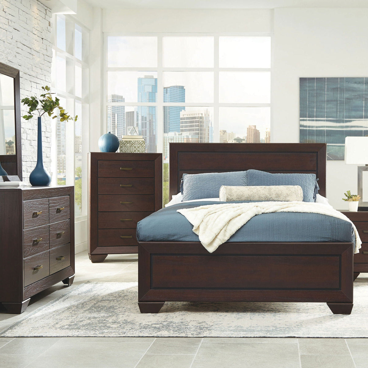 Queen Panel Bed with Structured Panels - Dark Brown