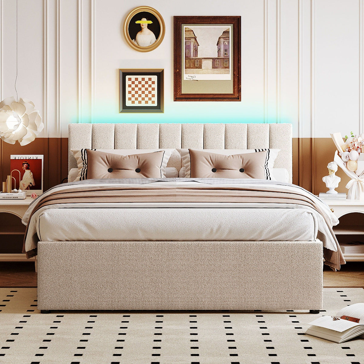 Upholstered Platform Bed With Trundle and LED Lights - Full or Queen