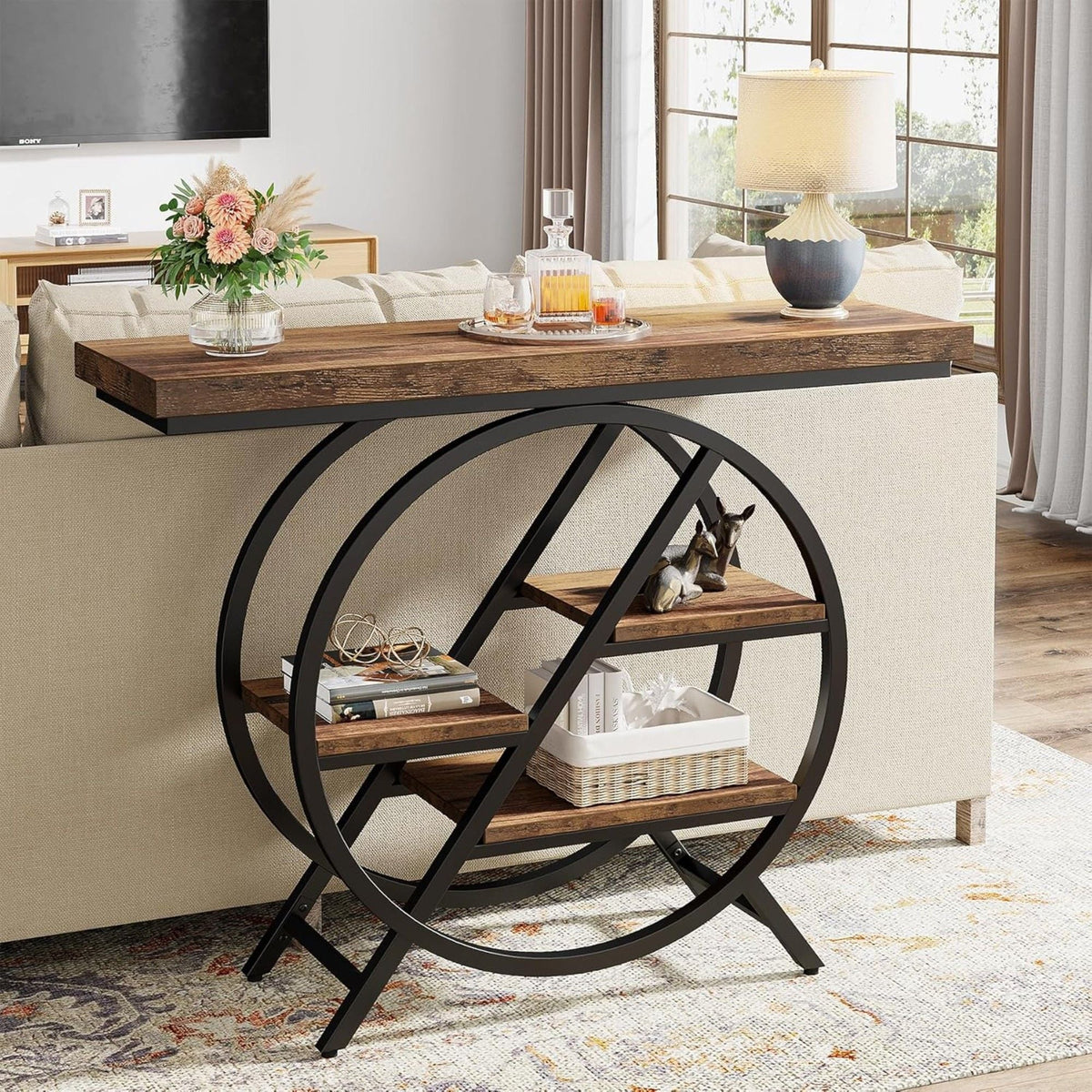 4 Tier Entryway Console Table with Geometric Circle Frame & Storage Shelves - Rustic Brown