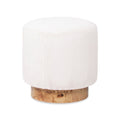 Round Fur Upholstered Pouf Ottoman with Burl Base - White