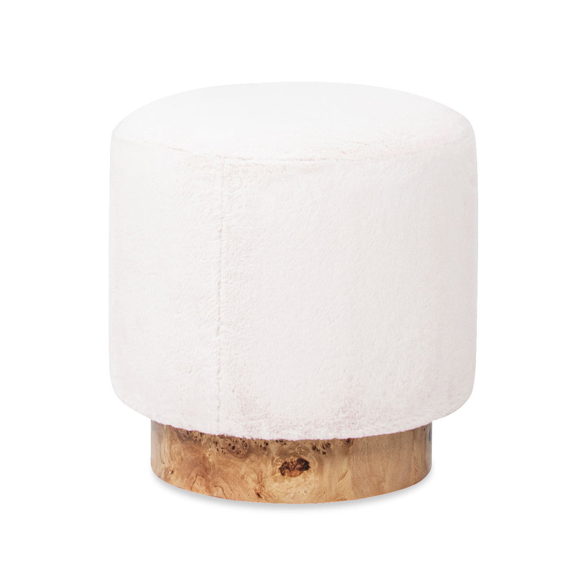 Round Fur Upholstered Pouf Ottoman with Burl Base - White