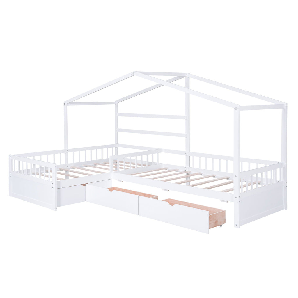 L Shape Twin Platform Bed with 3 Storage Drawers - Dark Gray or White