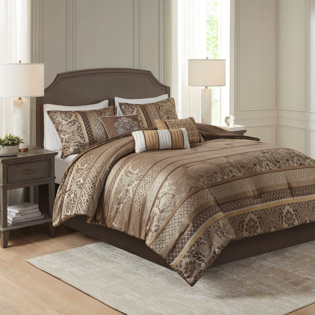 Jacquard Comforter Set with Decorative Pillows – Brown/Gold King