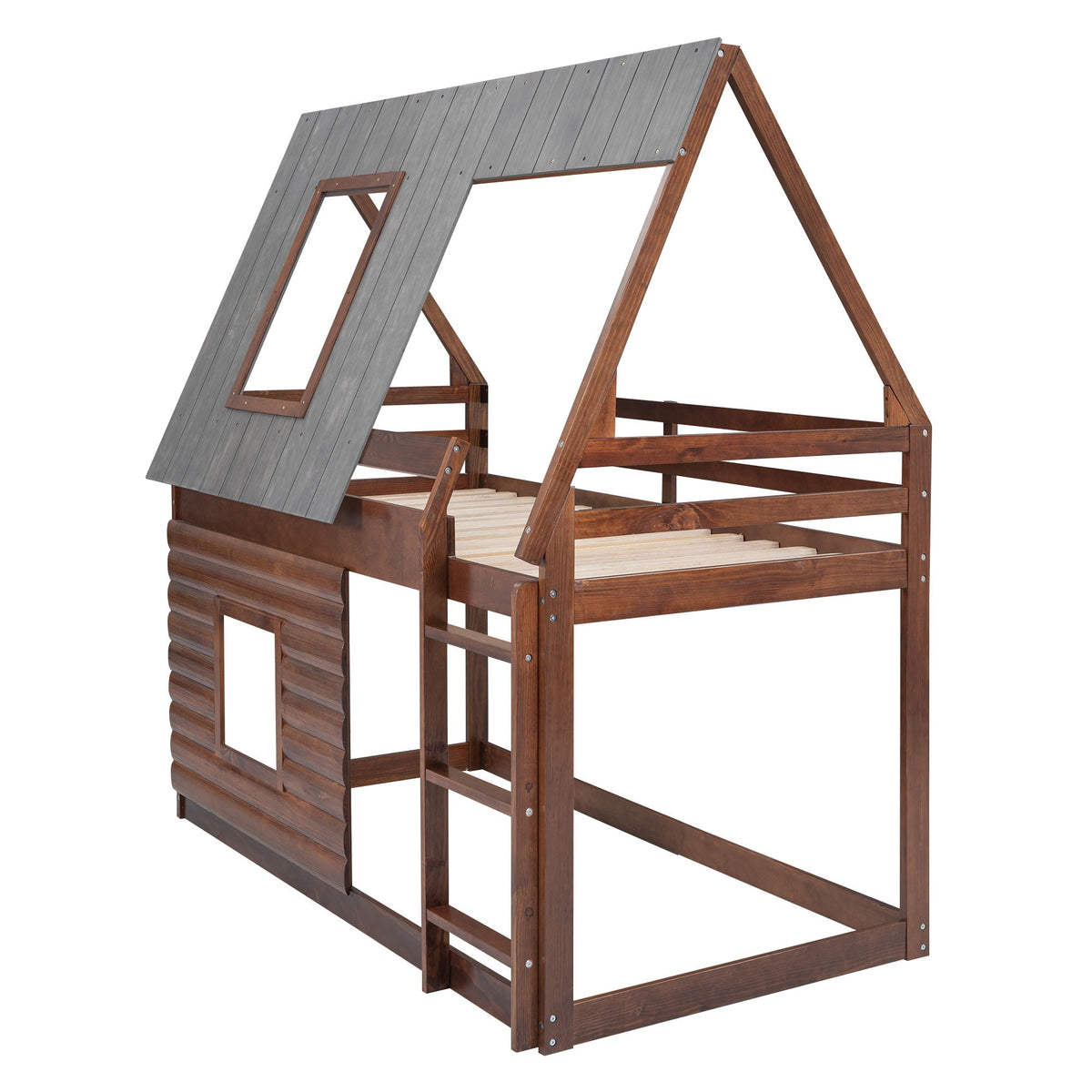 Wood Twin Size House Bunk Bed with Roof and 2 Windows - Oak & Smoky Gray