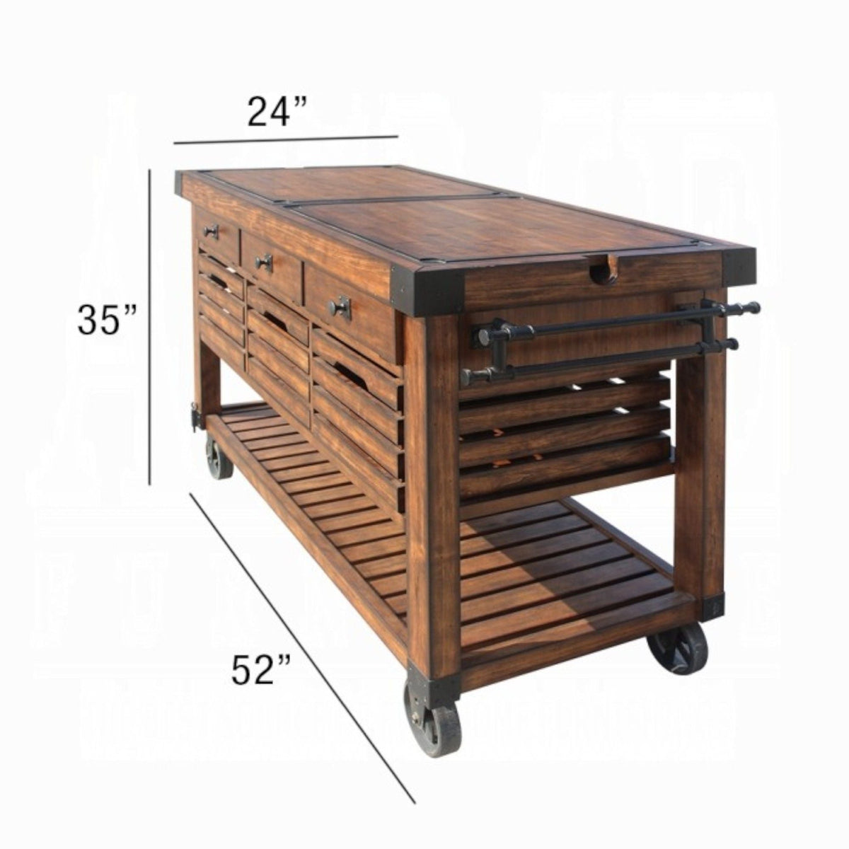 Distressed Chestnut Kitchen Cart with Storage and Casters - Chestnut
