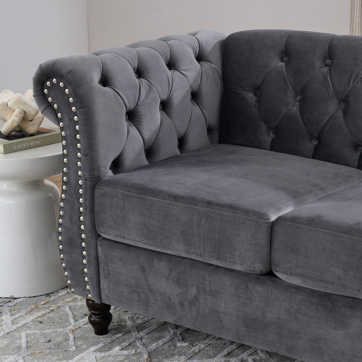 Chesterfield Sofa with Rolled Arms and Nailhead Trim – Solid Wood Frame