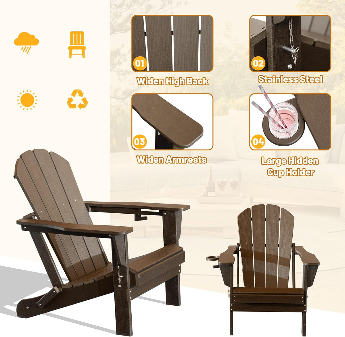 Brown Folding Adirondack Chair with Cup Holder - HDPE Outdoor Seating