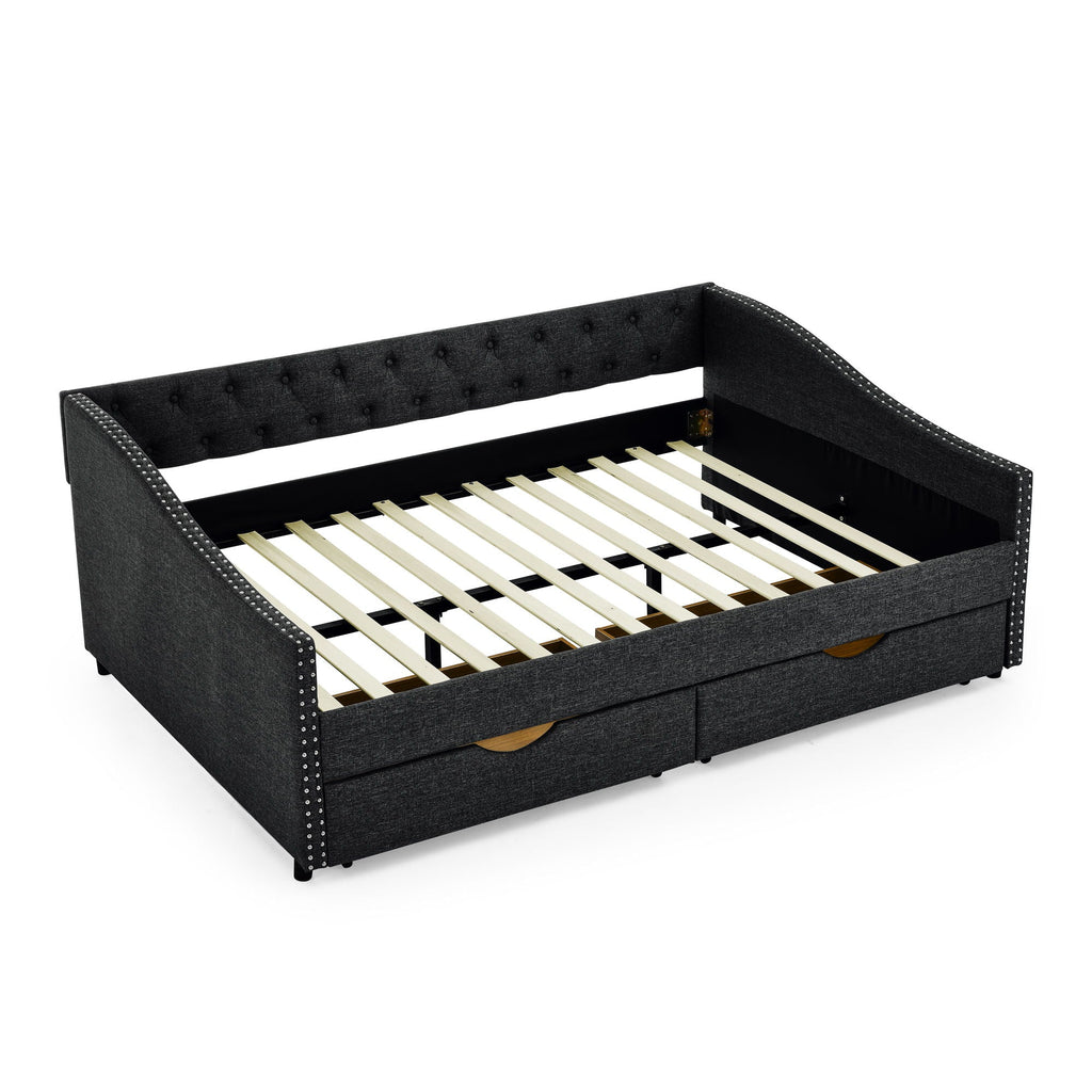 Upholstered Tufted Daybed with 2 Drawers and Waved Arms - Multiple Colors